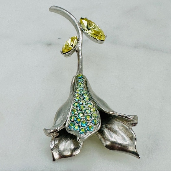 Vintage Cala Lilly Brooch Pin Blue Green AB Rhinestone Petals Yellow Gem Leaves - Picture 7 of 12